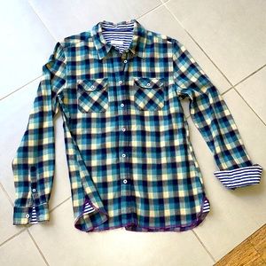 Blue and green plaid check flannel button down